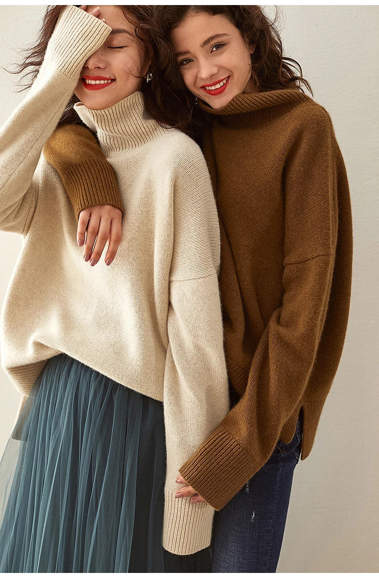 Autumn and winter new turtleneck cashmere sweater women 100% wool knitted sweater long sleeve thick lazy wind sweater loose larg - Image 4