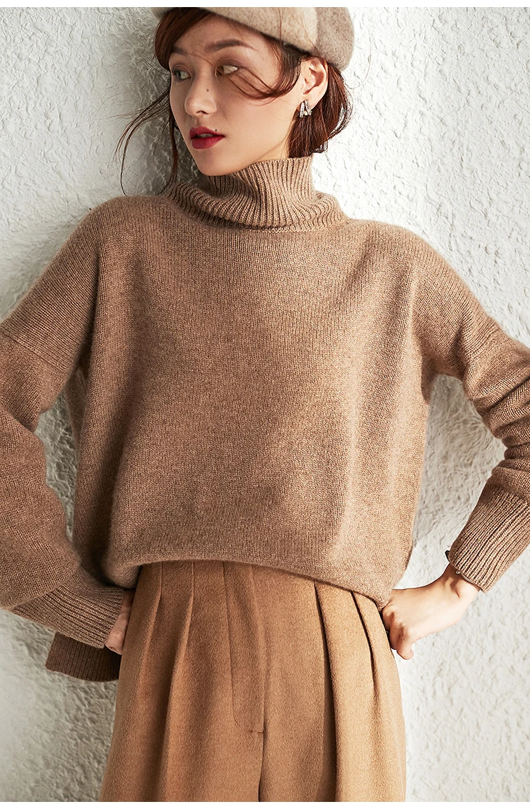 Autumn and winter new turtleneck cashmere sweater women 100% wool knitted sweater long sleeve thick lazy wind sweater loose larg - Image 3