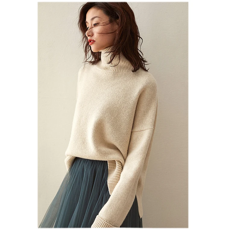Autumn and winter new turtleneck cashmere sweater women 100% wool knitted sweater long sleeve thick lazy wind sweater loose larg - Image 2
