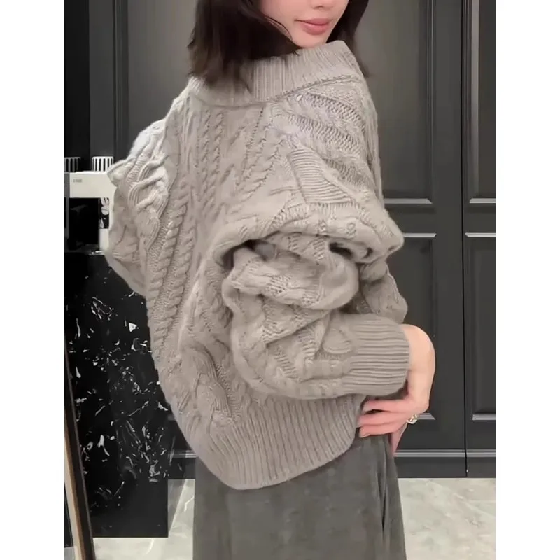 High-end and elegant stand-up collar with zipper 100 pure cashmere cardigan for women loose knitted sweater wool coat - Image 3