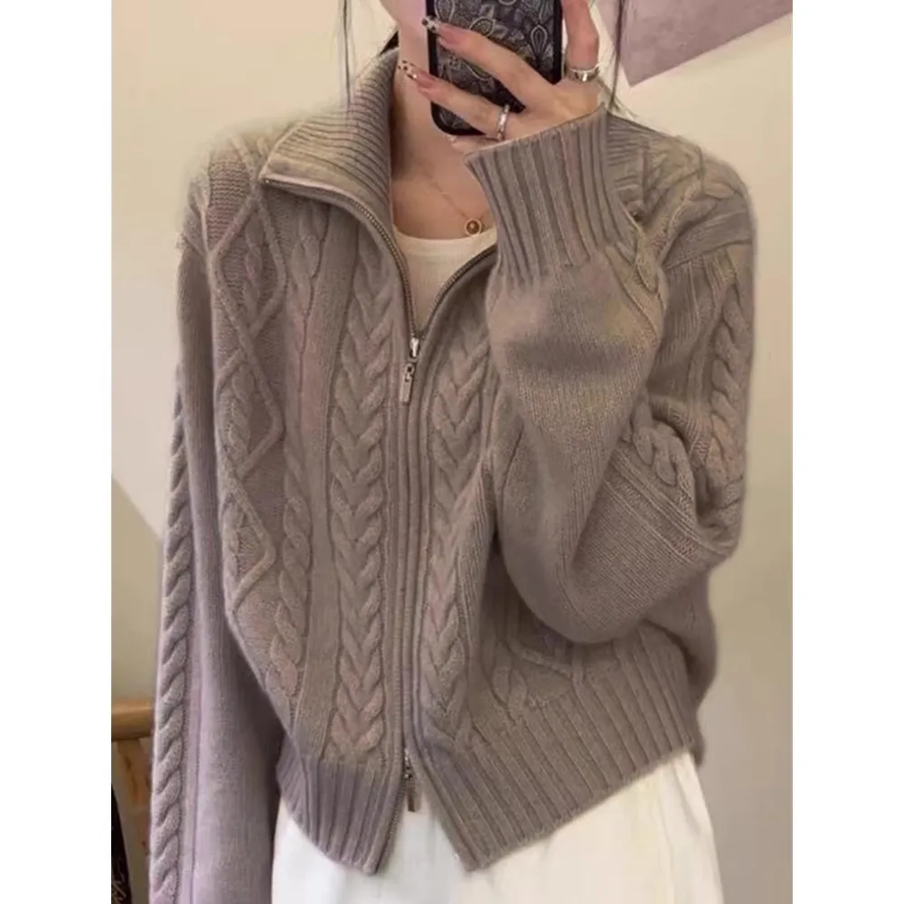 100shmere cardigan for women high neck loose and soft sweater for autumn and winter wool knitted sweater thickened coat - Image 3