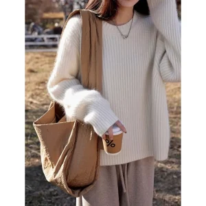 100% Cashmere sweater for women's autumn and winter loose and soft sweater wool knitted sweater round neck base layer