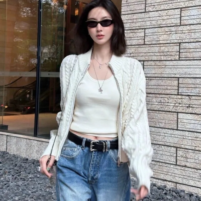 High-end and elegant stand-up collar with zipper 100 pure cashmere cardigan for women loose knitted sweater wool coat - Image 2