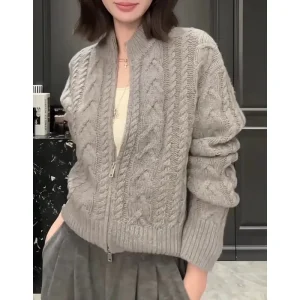 High-end and elegant stand-up collar with zipper 100 pure cashmere cardigan for women loose knitted sweater wool coat