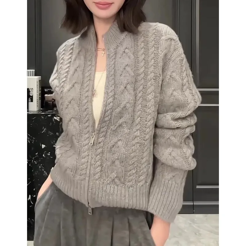 High-end and elegant stand-up collar with zipper 100 pure cashmere cardigan for women loose knitted sweater wool coat