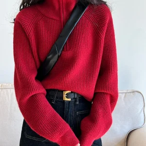 100% cashmere semi-turtleneck zipper red knitwear women's short autumn new high-waisted sweater loose and thick