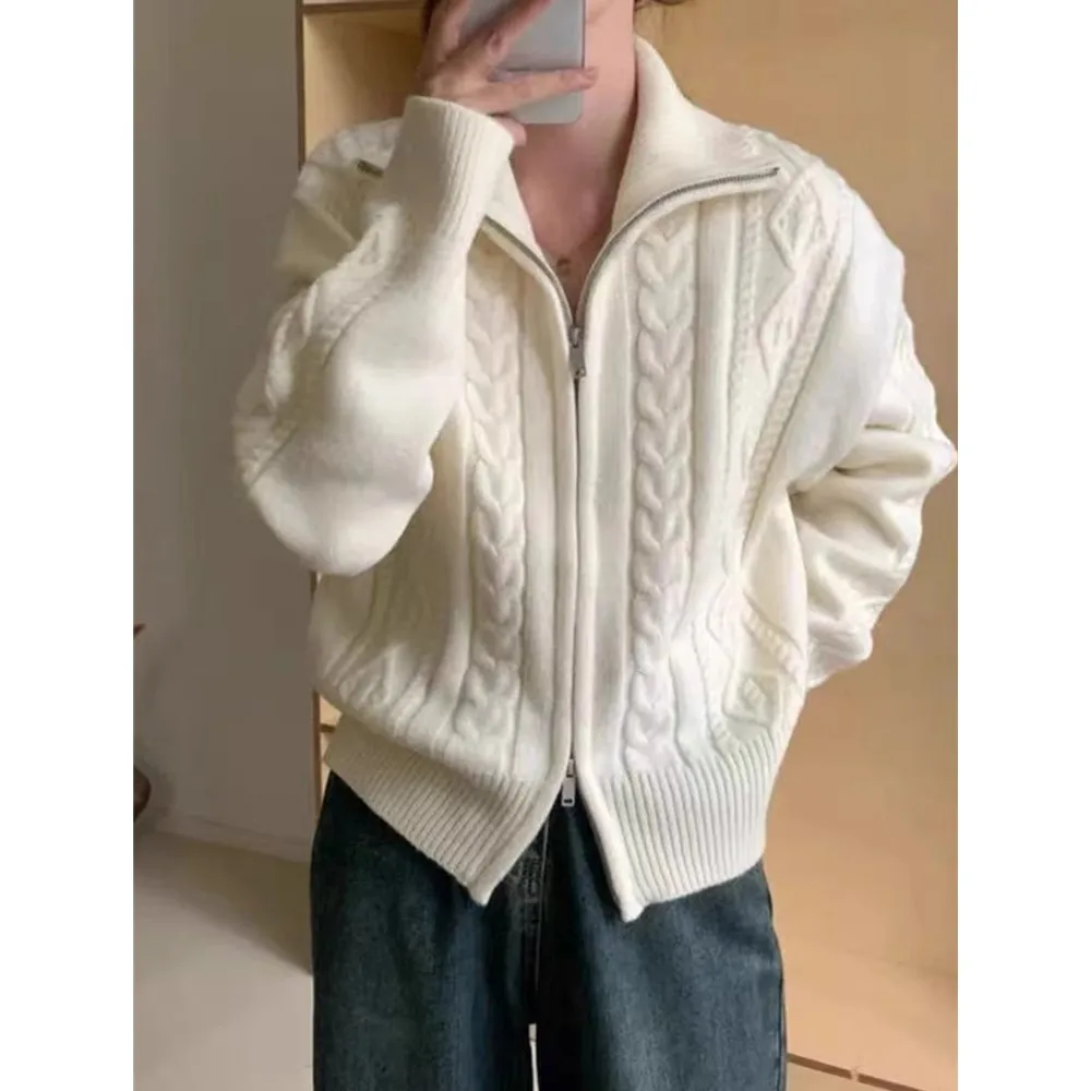 100shmere cardigan for women high neck loose and soft sweater for autumn and winter wool knitted sweater thickened coat - Image 2