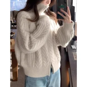 European high-neck zipper cashmere cardigan women's autumn winter thickened sweater wool knitted sweater twist coat lapel top
