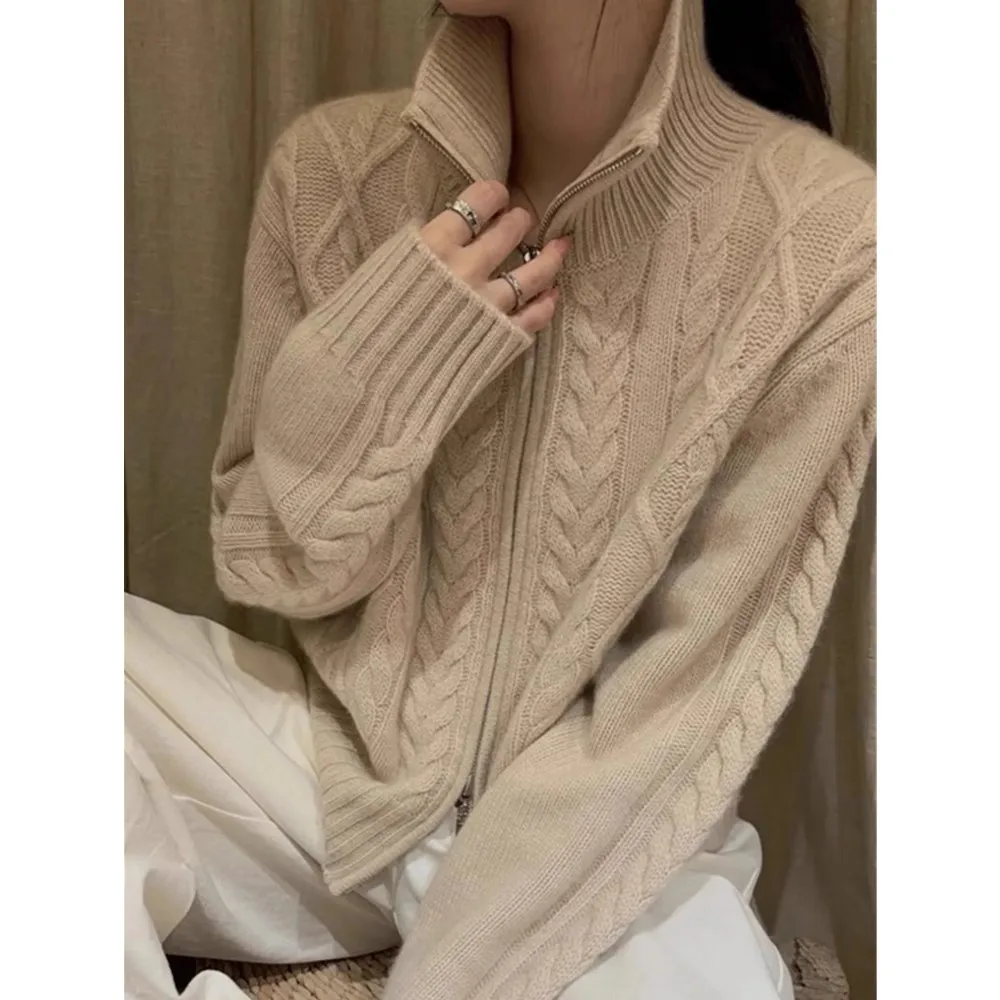 100shmere cardigan for women high neck loose and soft sweater for autumn and winter wool knitted sweater thickened coat - Image 4