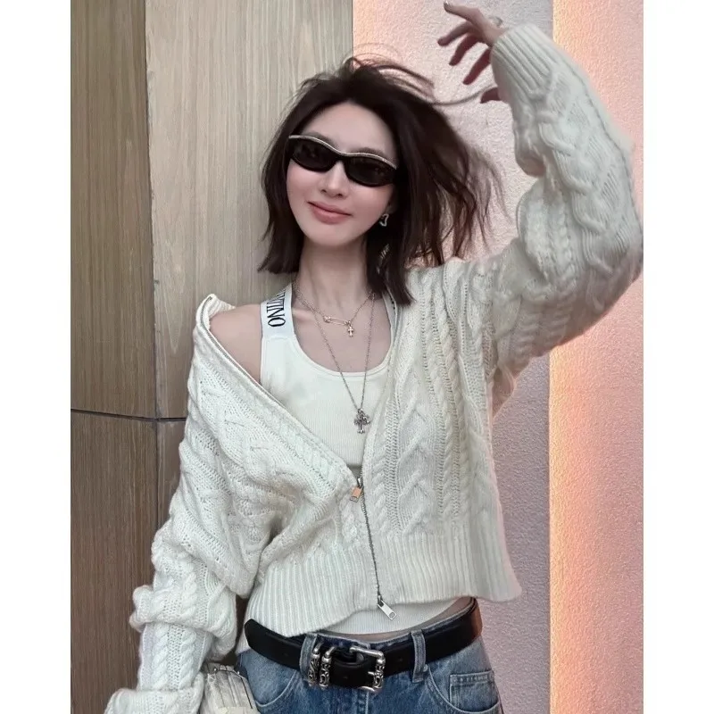 High-end and elegant stand-up collar with zipper 100 pure cashmere cardigan for women loose knitted sweater wool coat - Image 4