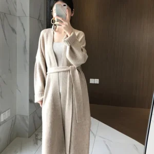 Autumn and winter new Korean version of 100% cashmere cardigan loose long over the knee network red sweater coat knitwear