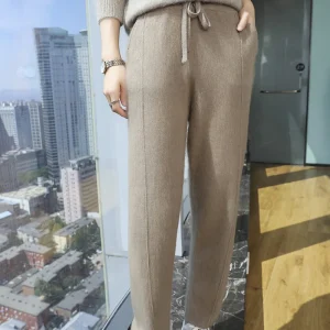 100% mink wool knitted high-waisted pencil pants women's casual autumn and winter new warm solid color thick cashmere pants