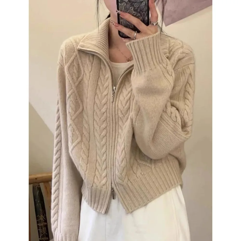 100shmere cardigan for women high neck loose and soft sweater for autumn and winter wool knitted sweater thickened coat - Image 5