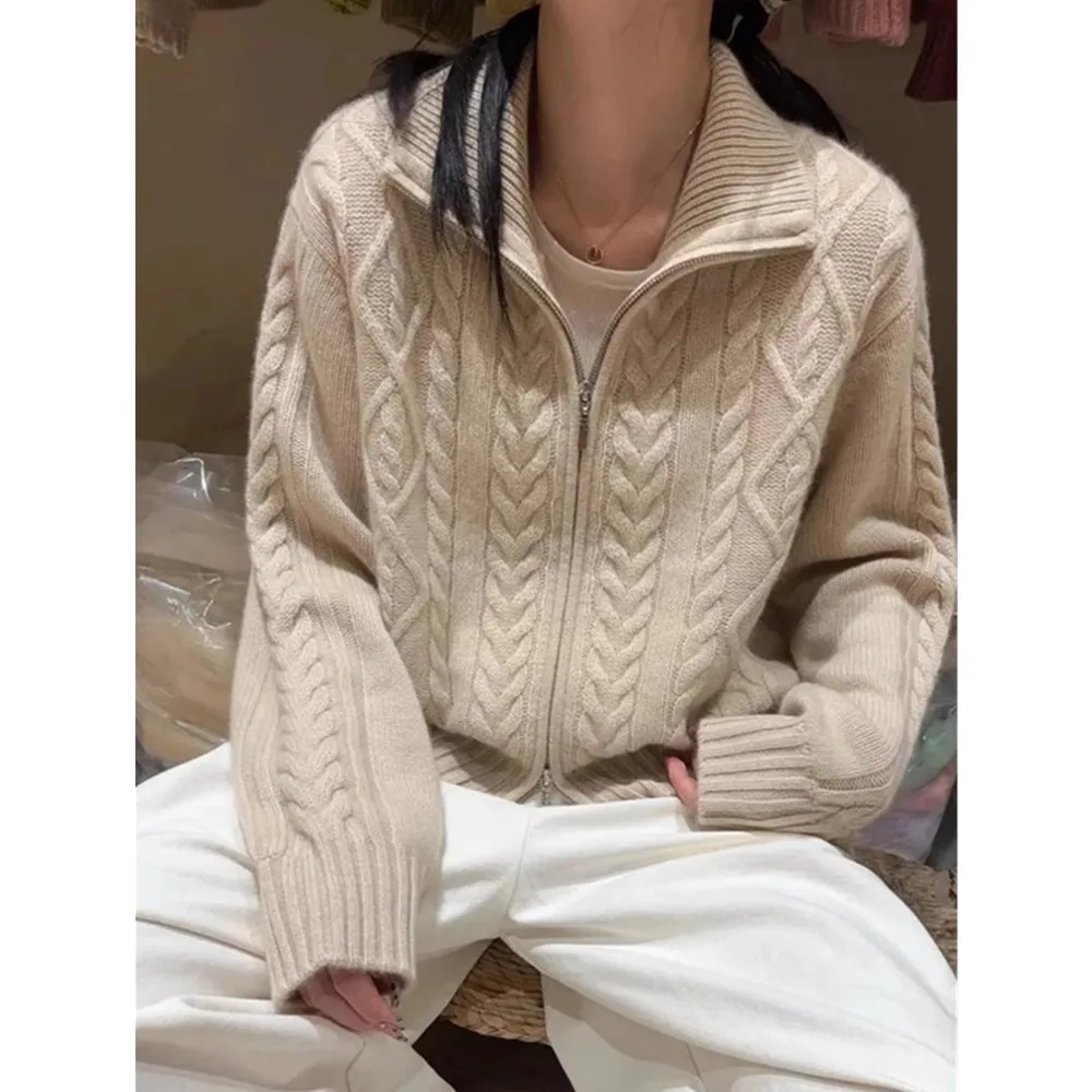100shmere cardigan for women high neck loose and soft sweater for autumn and winter wool knitted sweater thickened coat